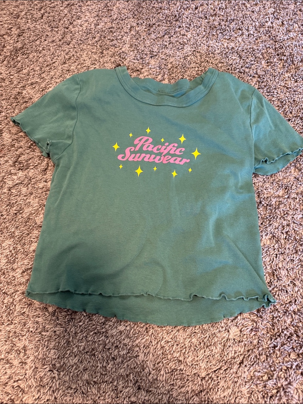 Pacific Sunwear Green Short Sleeve Tee with Pink Logo & Yellow Stars